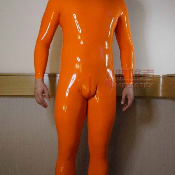 Orange latex rubber suit 3D cut
