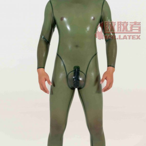 Translucent Smoky Olive latex rubber suit 3D cut
