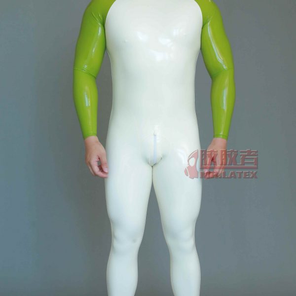 Natural Green White color maching latex rubber suit 3D cut
