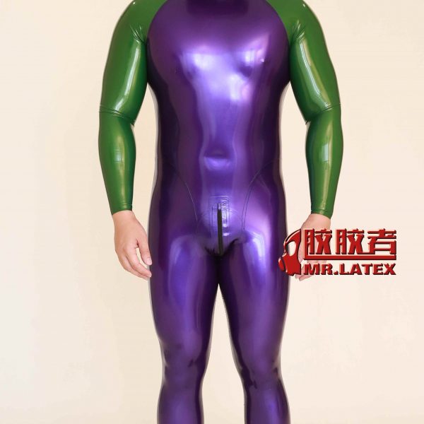 Metallic Purple(light) Metallic Green color maching latex rubber suit 3D cut