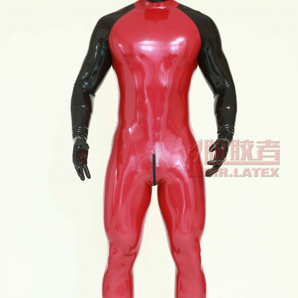 Metallic Red Black color maching latex rubber suit 3D cut